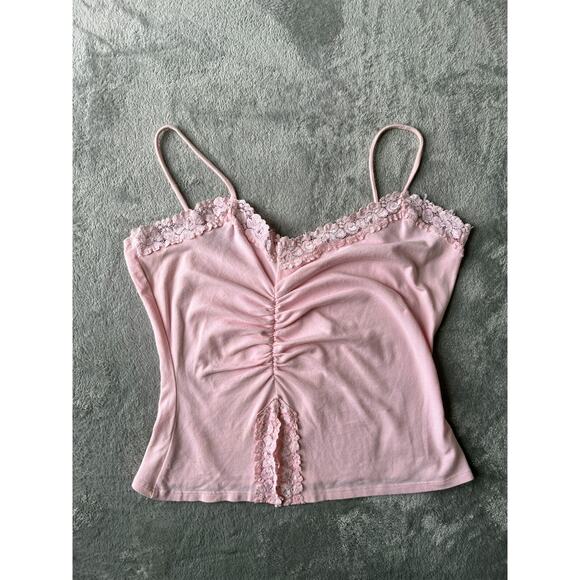 Vintage Y2K Pink Cami Tank Top Large USA Ruched Lace Fairy Dainty Stretchy 2000s - Picture 6 of 13